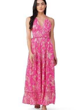 America & Beyond Bright Pink Halter Maxi Dress with Metallic Accents
